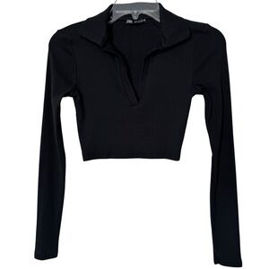 Zara Ribbed Polo Collar Cropped Top Black S